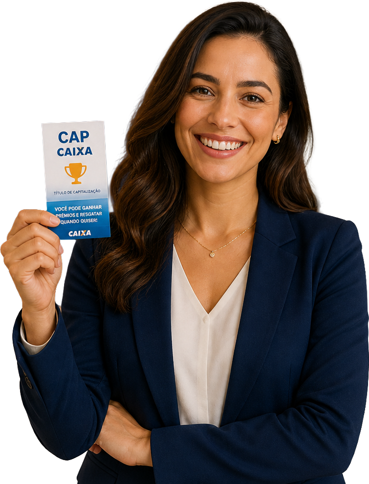 Mulher sorrindo segurando título de capitalização CAP Caixa