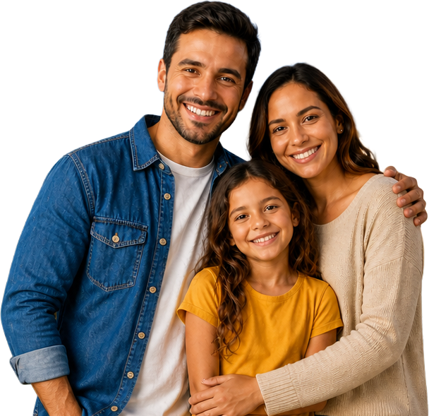 Família feliz: pai, mãe e filha sorrindo abraçados, sonho da casa própria
