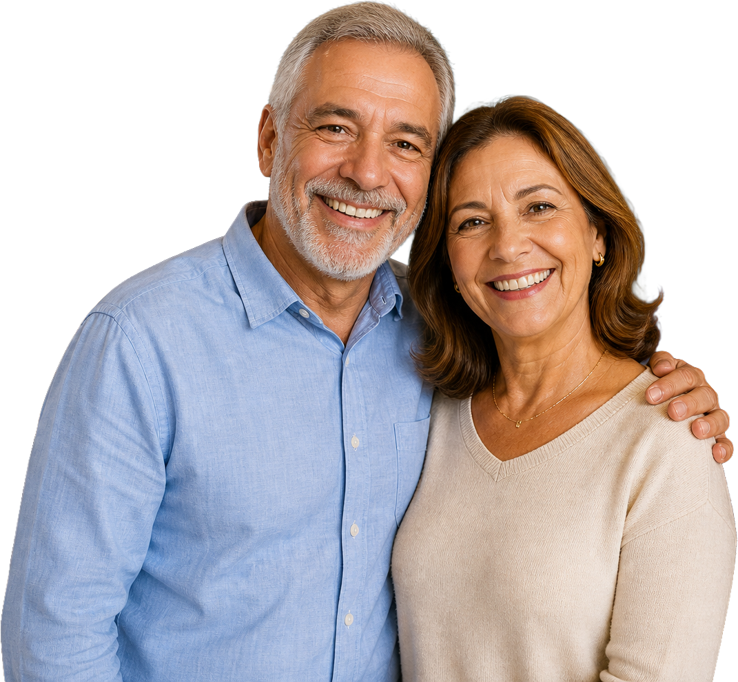 Casal de aposentados sorrindo, abraçados, confiança e tranquilidade