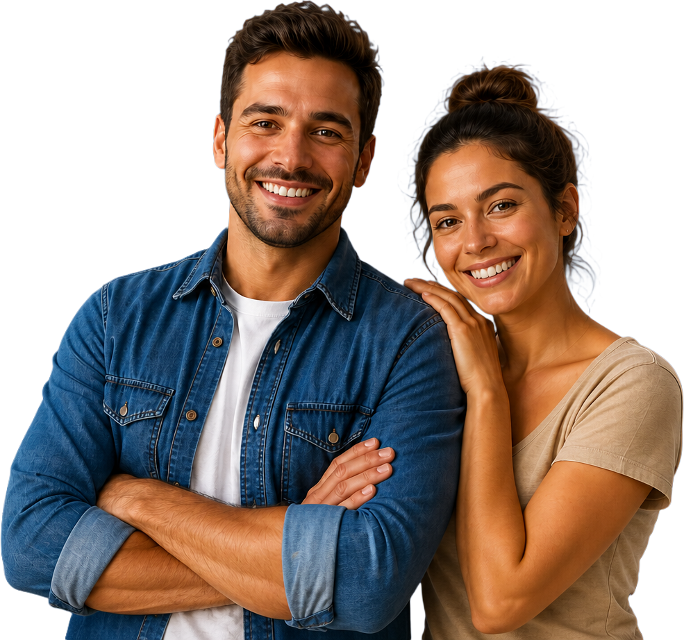 Casal sorrindo, vestindo casual, feliz com sua casa